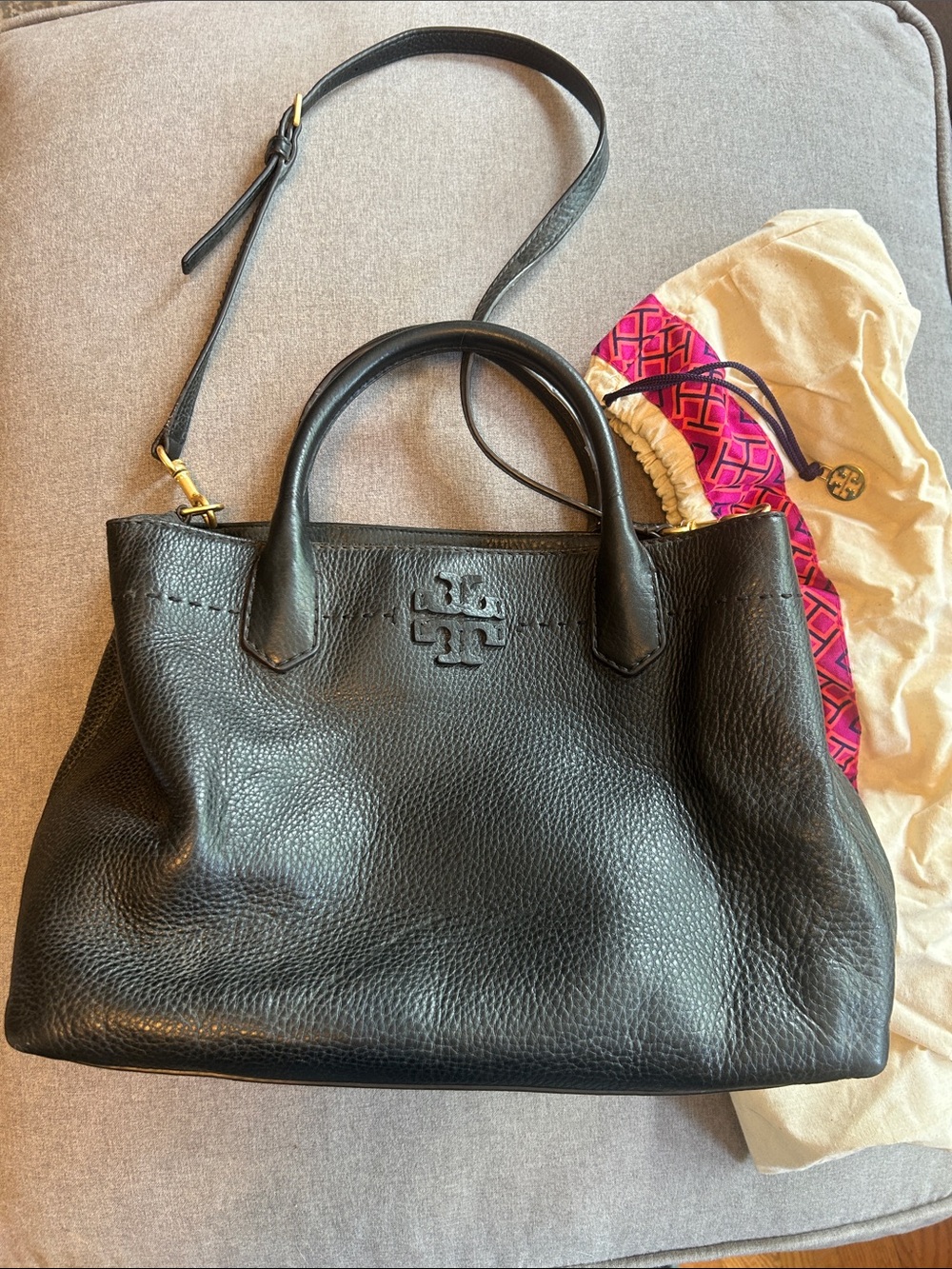 Tory Burch Black Pebbled Leather Tote with Crossbody Strap